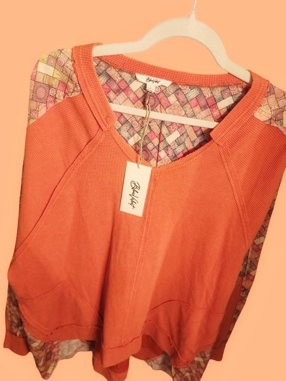 Blue Velvet Orange Waffle Textured Pullover With Mosaic Trim